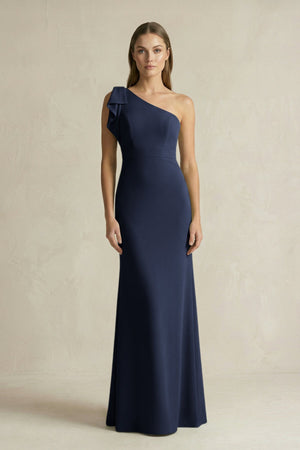 One - Shoulder Sheath Satin Long Bridesmaid Dress in Dark Navy - KissProm Bridesmaid Dresses