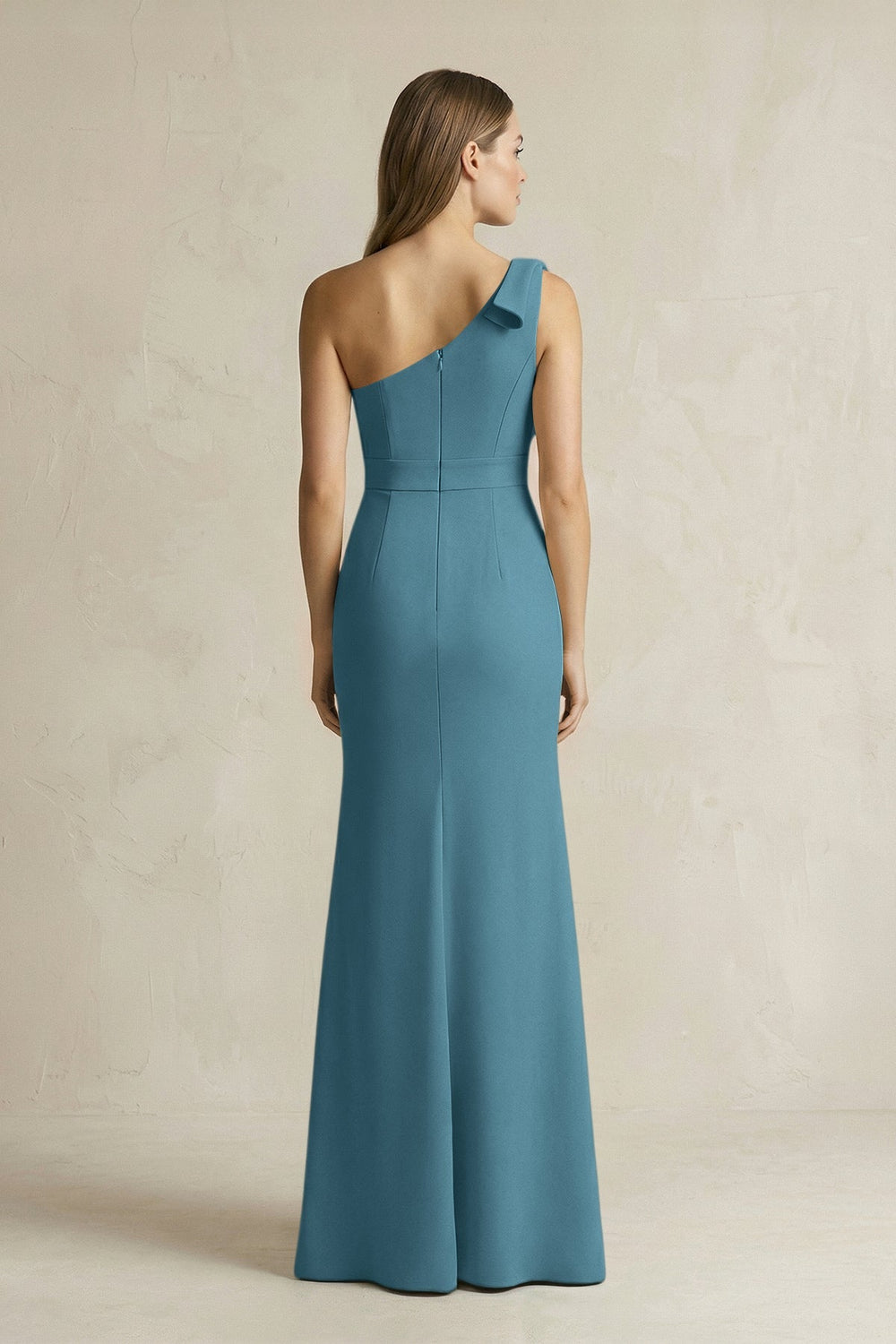 One - Shoulder Sheath Satin Long Bridesmaid Dress in Dark Teal - KissProm Bridesmaid Dresses