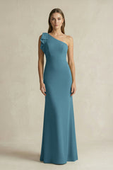 One - Shoulder Sheath Satin Long Bridesmaid Dress in Dark Teal - KissProm Bridesmaid Dresses