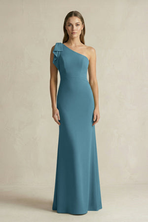 One - Shoulder Sheath Satin Long Bridesmaid Dress in Dark Teal - KissProm Bridesmaid Dresses
