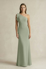 One - Shoulder Sheath Satin Long Bridesmaid Dress in Dove Gray - KissProm Bridesmaid Dresses