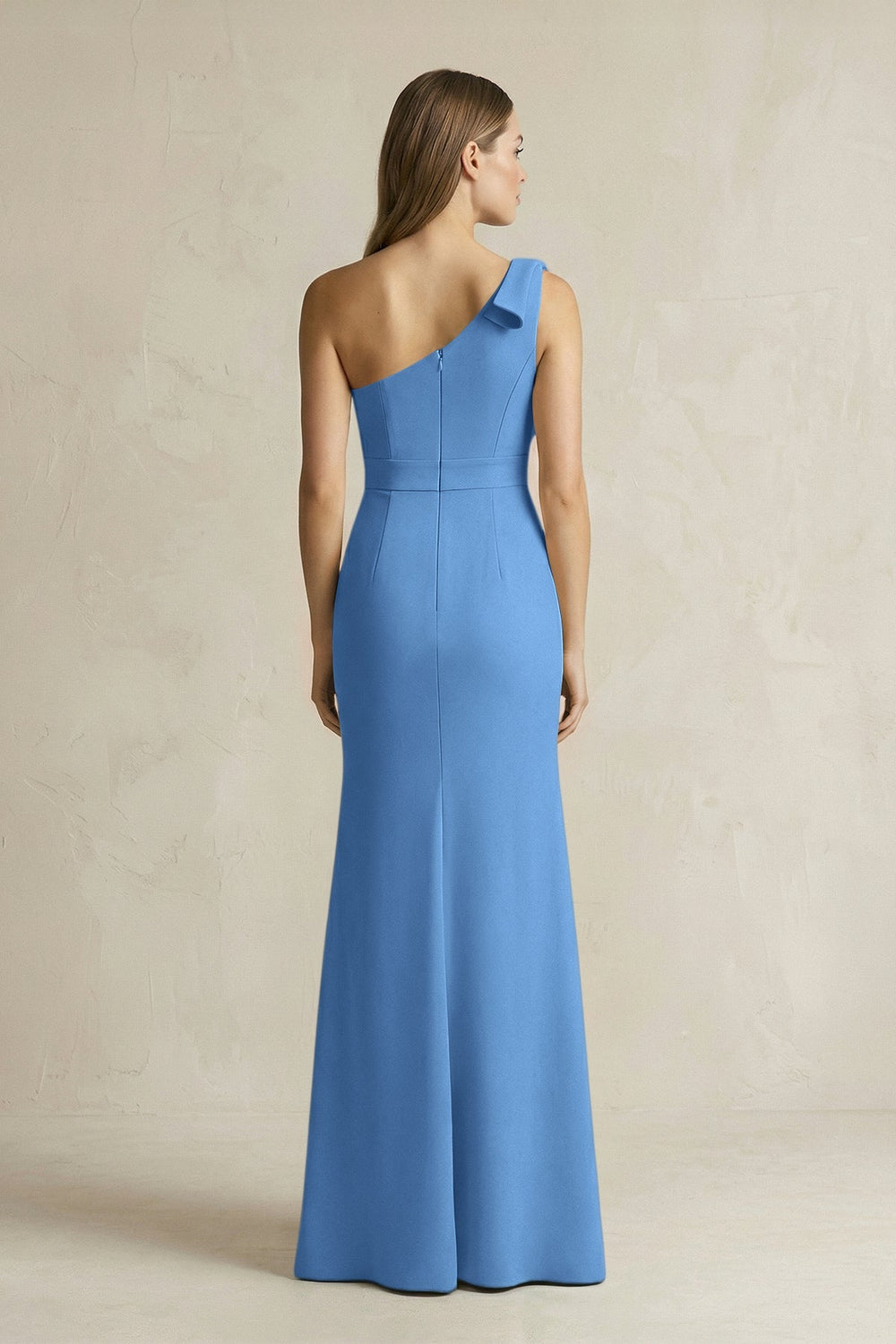 One - Shoulder Sheath Satin Long Bridesmaid Dress in Dusty Blue - KissProm Bridesmaid Dresses