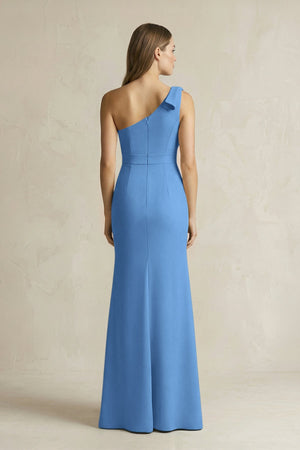 One - Shoulder Sheath Satin Long Bridesmaid Dress in Dusty Blue - KissProm Bridesmaid Dresses