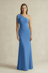One - Shoulder Sheath Satin Long Bridesmaid Dress in Dusty Blue - KissProm Bridesmaid Dresses