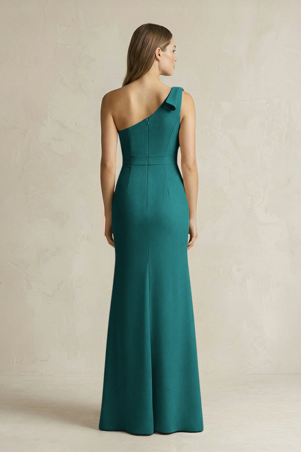 One - Shoulder Sheath Satin Long Bridesmaid Dress in Emerald - KissProm Bridesmaid Dresses
