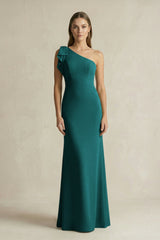 One - Shoulder Sheath Satin Long Bridesmaid Dress in Emerald - KissProm Bridesmaid Dresses