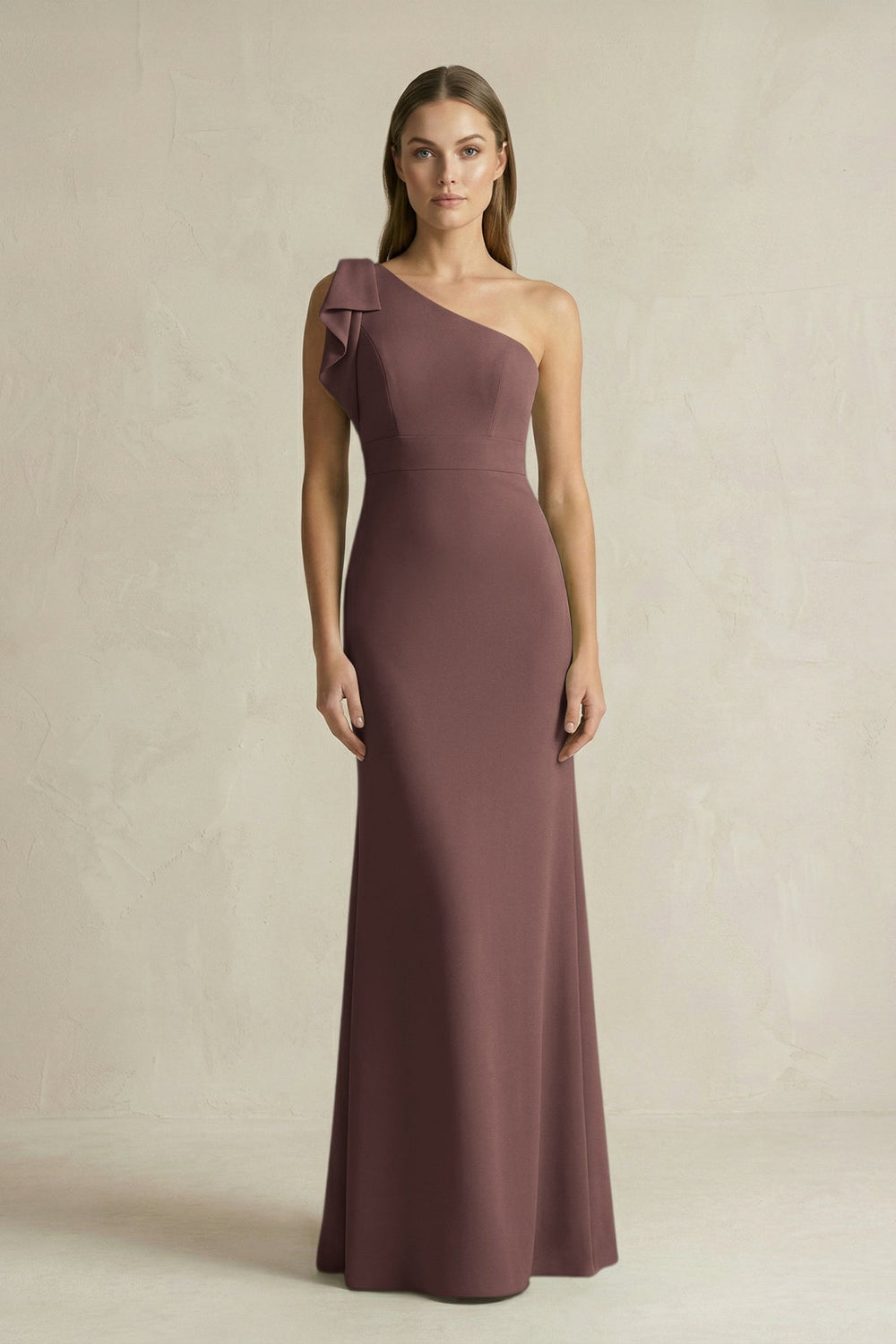 One - Shoulder Sheath Satin Long Bridesmaid Dress in Espresso - KissProm Bridesmaid Dresses