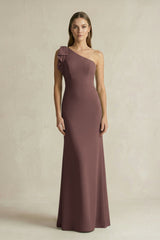 One - Shoulder Sheath Satin Long Bridesmaid Dress in Espresso - KissProm Bridesmaid Dresses