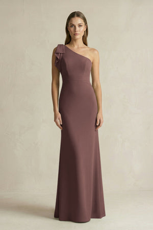 One - Shoulder Sheath Satin Long Bridesmaid Dress in Espresso - KissProm Bridesmaid Dresses