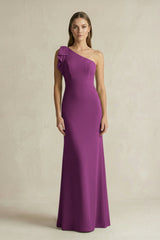 One - Shoulder Sheath Satin Long Bridesmaid Dress in Fig - KissProm Bridesmaid Dresses