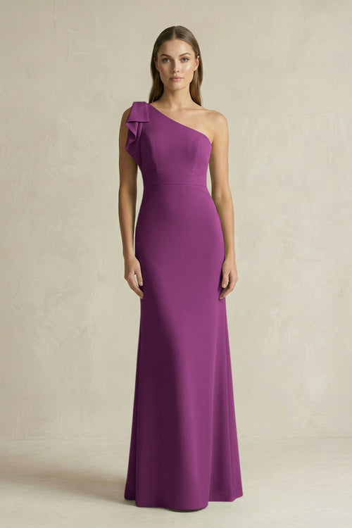 One - Shoulder Sheath Satin Long Bridesmaid Dress in Fig - KissProm Bridesmaid Dresses