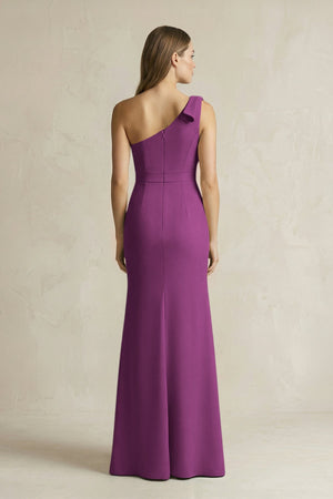 One - Shoulder Sheath Satin Long Bridesmaid Dress in Fig - KissProm Bridesmaid Dresses