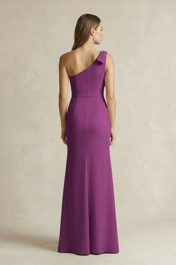One - Shoulder Sheath Satin Long Bridesmaid Dress in Fig - KissProm Bridesmaid Dresses