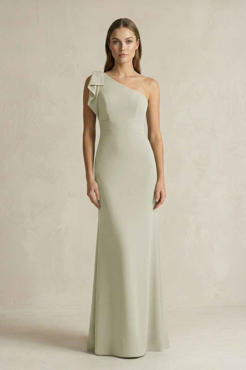 One - Shoulder Sheath Satin Long Bridesmaid Dress in Frost - KissProm Bridesmaid Dresses