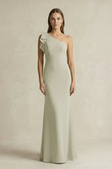 One - Shoulder Sheath Satin Long Bridesmaid Dress in Frost - KissProm Bridesmaid Dresses
