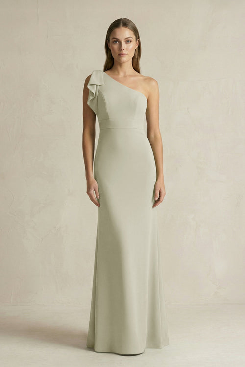 One - Shoulder Sheath Satin Long Bridesmaid Dress in Frost - KissProm Bridesmaid Dresses