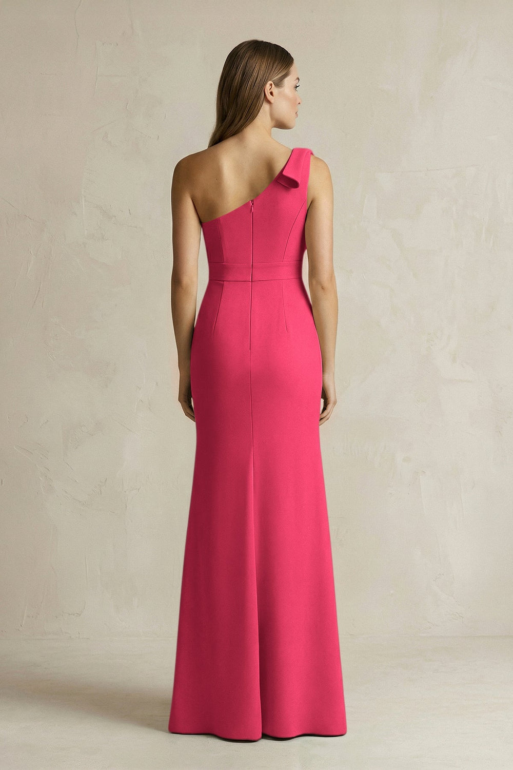 One - Shoulder Sheath Satin Long Bridesmaid Dress in Fuchsia - KissProm Bridesmaid Dresses