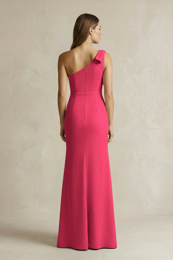 One - Shoulder Sheath Satin Long Bridesmaid Dress in Fuchsia - KissProm Bridesmaid Dresses