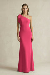 One - Shoulder Sheath Satin Long Bridesmaid Dress in Fuchsia - KissProm Bridesmaid Dresses