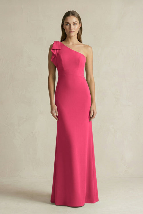 One - Shoulder Sheath Satin Long Bridesmaid Dress in Fuchsia - KissProm Bridesmaid Dresses