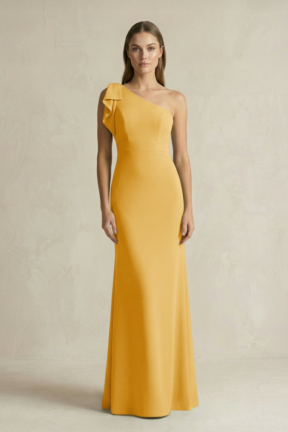 One - Shoulder Sheath Satin Long Bridesmaid Dress in Gold - KissProm Bridesmaid Dresses