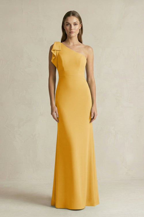 One - Shoulder Sheath Satin Long Bridesmaid Dress in Gold - KissProm Bridesmaid Dresses
