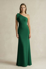One - Shoulder Sheath Satin Long Bridesmaid Dress in Green - KissProm Bridesmaid Dresses
