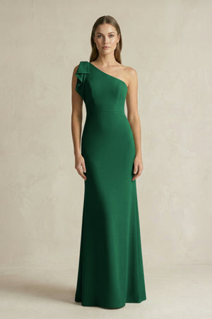 One - Shoulder Sheath Satin Long Bridesmaid Dress in Green - KissProm Bridesmaid Dresses