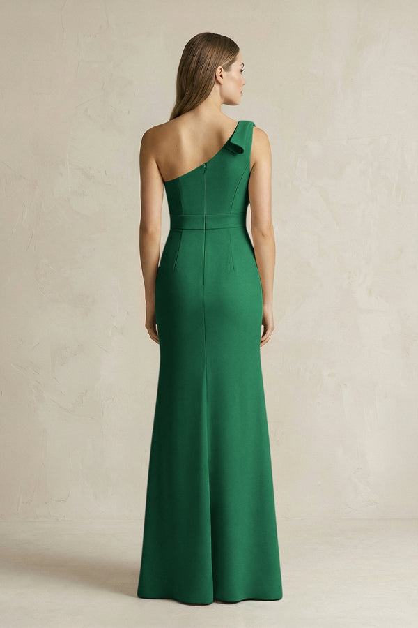One - Shoulder Sheath Satin Long Bridesmaid Dress in Green - KissProm Bridesmaid Dresses