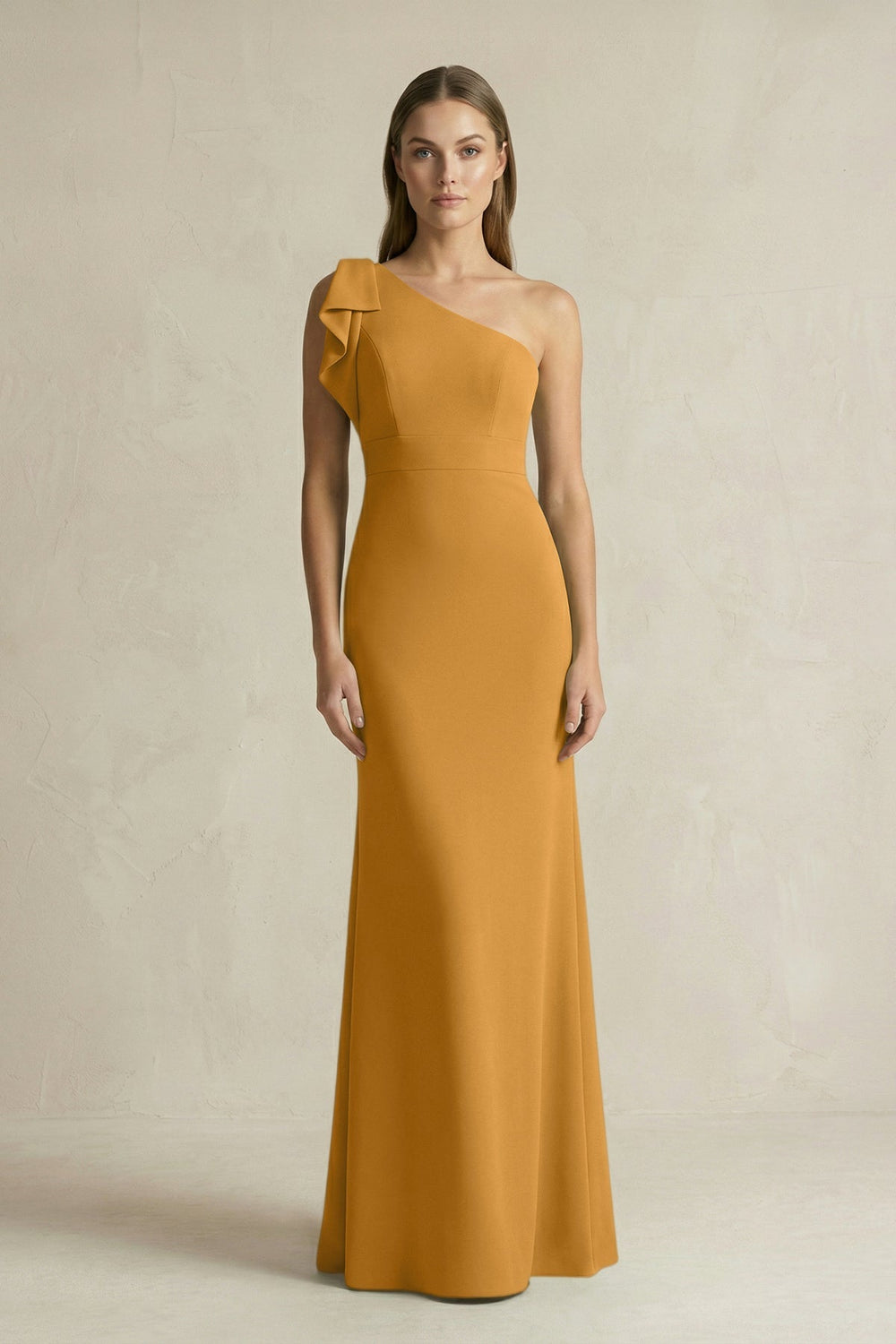 One - Shoulder Sheath Satin Long Bridesmaid Dress in Marigold - KissProm Bridesmaid Dresses
