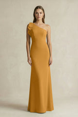 One - Shoulder Sheath Satin Long Bridesmaid Dress in Marigold - KissProm Bridesmaid Dresses