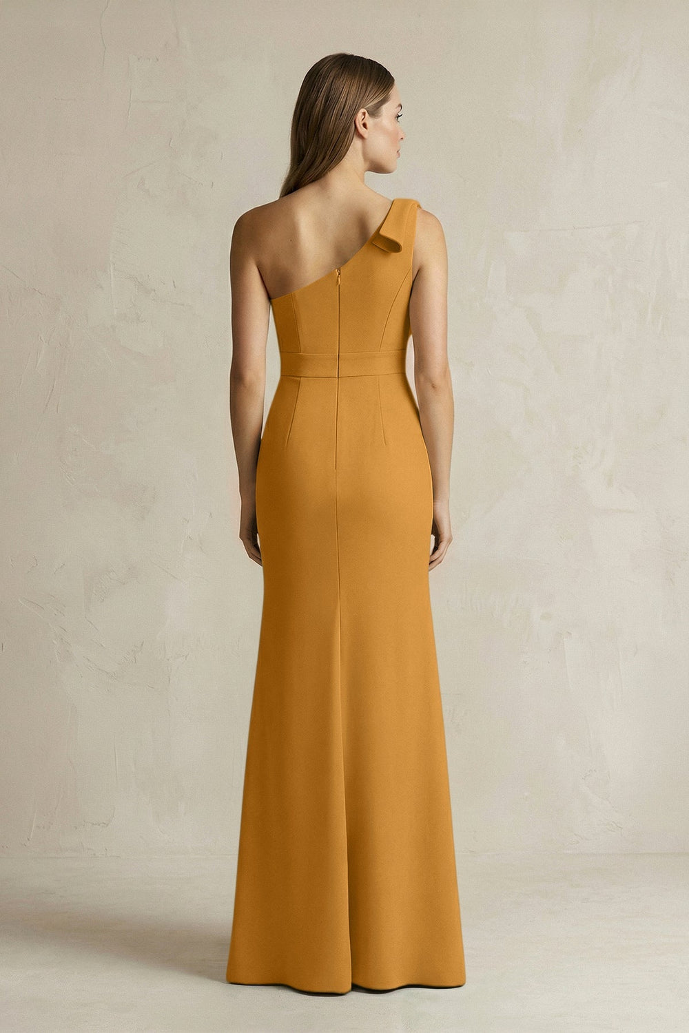 One - Shoulder Sheath Satin Long Bridesmaid Dress in Marigold - KissProm Bridesmaid Dresses