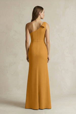 One - Shoulder Sheath Satin Long Bridesmaid Dress in Marigold - KissProm Bridesmaid Dresses