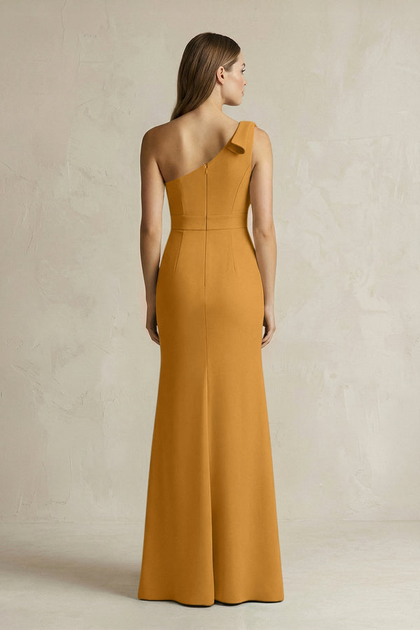 One - Shoulder Sheath Satin Long Bridesmaid Dress in Marigold - KissProm Bridesmaid Dresses