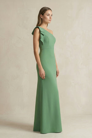 One - Shoulder Sheath Satin Long Bridesmaid Dress in Matcha - KissProm Bridesmaid Dresses