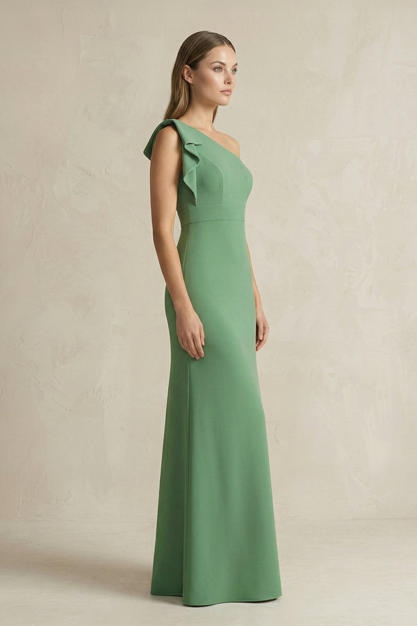 One - Shoulder Sheath Satin Long Bridesmaid Dress in Matcha - KissProm Bridesmaid Dresses