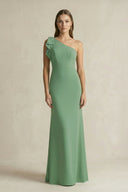 One - Shoulder Sheath Satin Long Bridesmaid Dress in Matcha - KissProm Bridesmaid Dresses