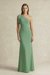 One - Shoulder Sheath Satin Long Bridesmaid Dress in Matcha - KissProm Bridesmaid Dresses