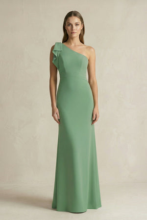 One - Shoulder Sheath Satin Long Bridesmaid Dress in Matcha - KissProm Bridesmaid Dresses