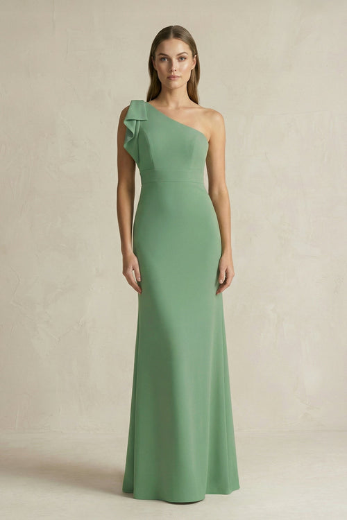 One - Shoulder Sheath Satin Long Bridesmaid Dress in Matcha - KissProm Bridesmaid Dresses
