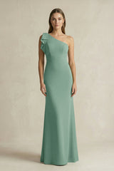 One - Shoulder Sheath Satin Long Bridesmaid Dress in Mint Green - KissProm Bridesmaid Dresses