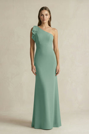 One - Shoulder Sheath Satin Long Bridesmaid Dress in Mint Green - KissProm Bridesmaid Dresses