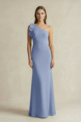 One - Shoulder Sheath Satin Long Bridesmaid Dress in Mist - KissProm Bridesmaid Dresses