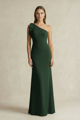 One - Shoulder Sheath Satin Long Bridesmaid Dress in Moss - KissProm Bridesmaid Dresses