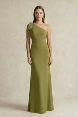 One - Shoulder Sheath Satin Long Bridesmaid Dress in Moss Green - KissProm Bridesmaid Dresses