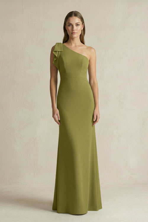 One - Shoulder Sheath Satin Long Bridesmaid Dress in Moss Green - KissProm Bridesmaid Dresses