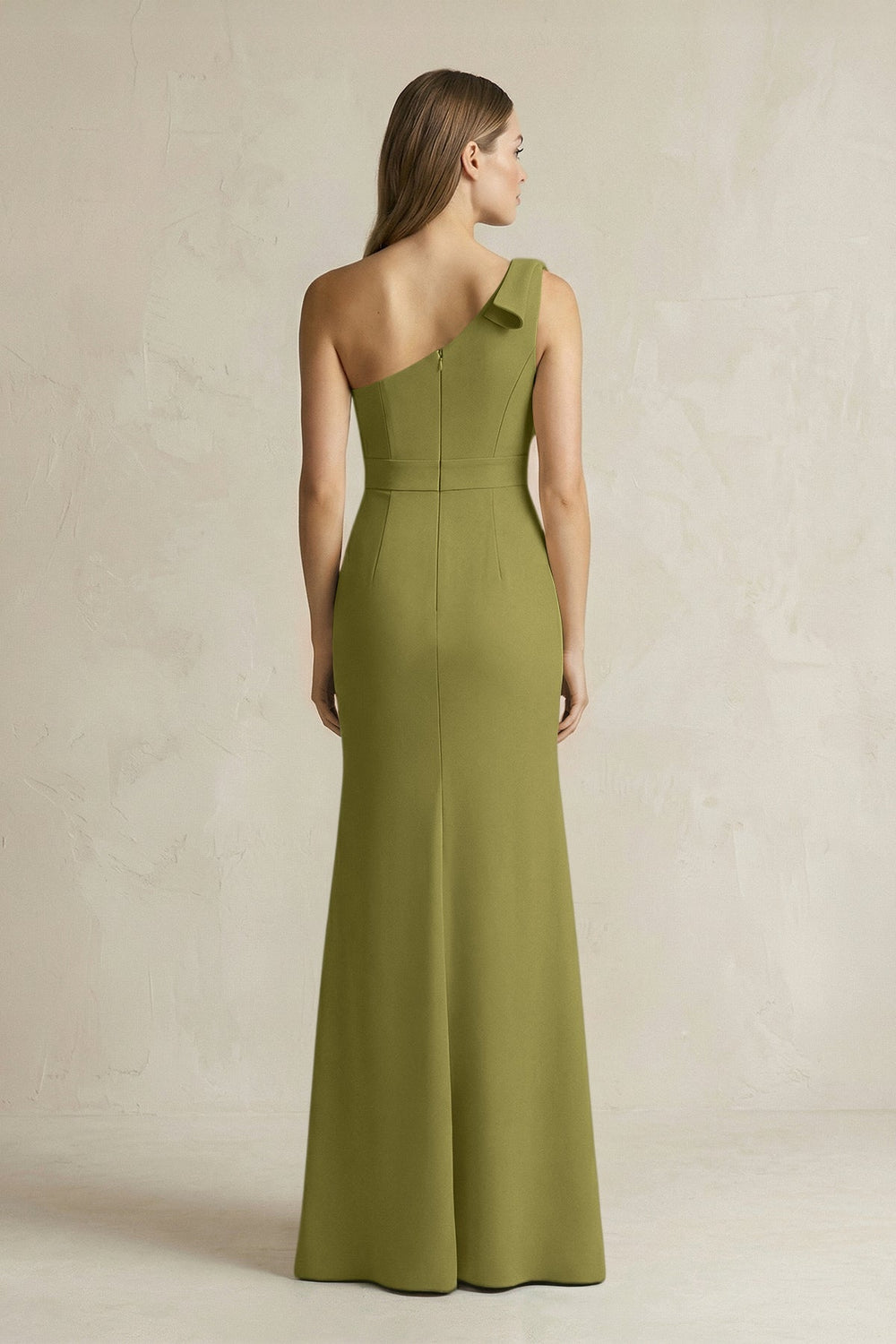 One - Shoulder Sheath Satin Long Bridesmaid Dress in Moss Green - KissProm Bridesmaid Dresses