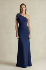 One - Shoulder Sheath Satin Long Bridesmaid Dress in Navy - KissProm Bridesmaid Dresses