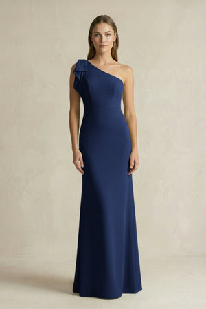 One - Shoulder Sheath Satin Long Bridesmaid Dress in Navy - KissProm Bridesmaid Dresses