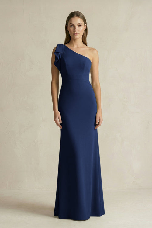 One - Shoulder Sheath Satin Long Bridesmaid Dress in Navy - KissProm Bridesmaid Dresses